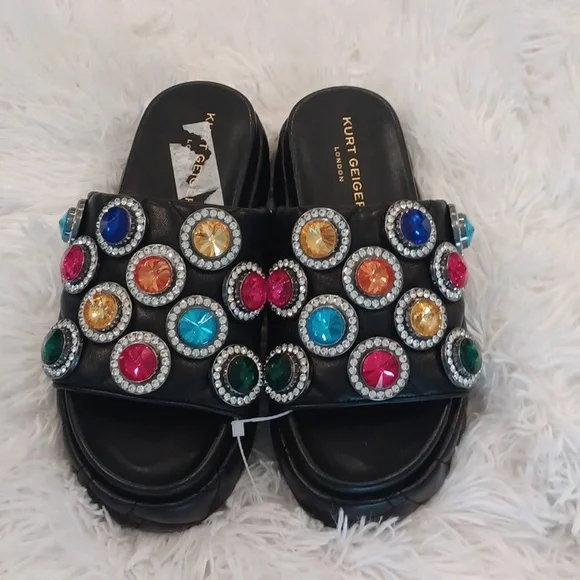 Kurt Geiger Rainbow Rhinestone Gem Crystal Leather Quilted Slip On Sandal New - Picture 4 of 15